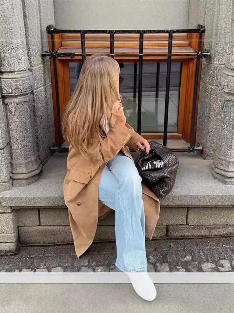 Available: Women's European and American Style Double-Breasted Faux Suede Long Coat with Collar and Long Sleeves