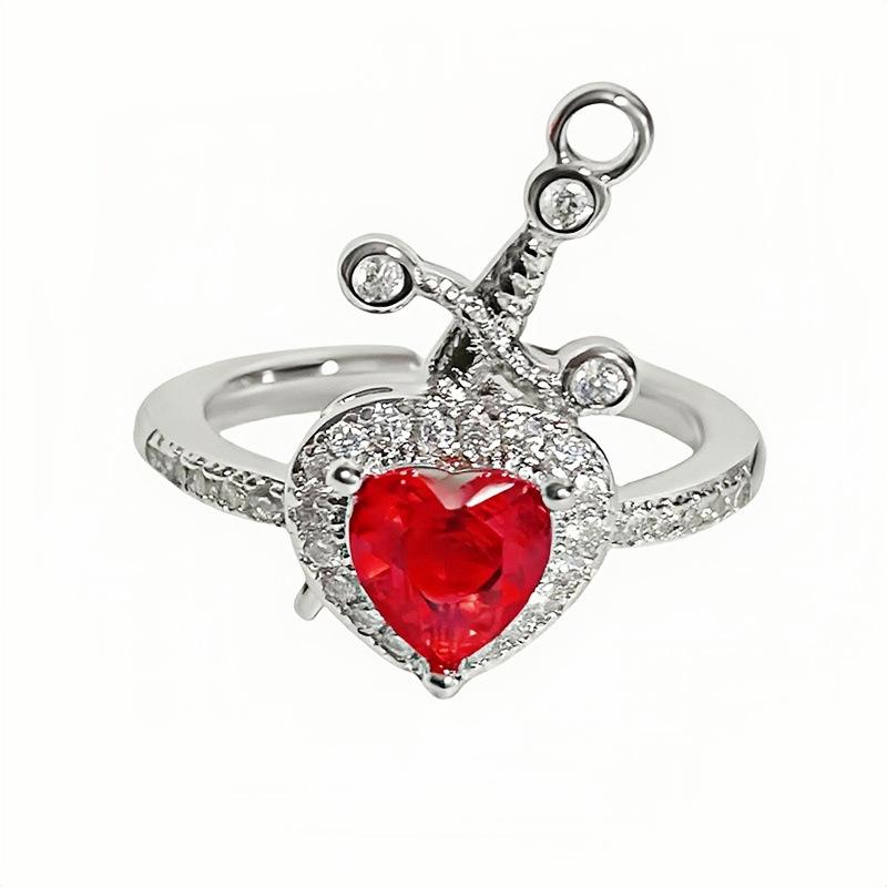 Blood Red Zircon Four-Leaf Clover Love Open Ring Female Retro Niche Design High-End Personality Index Finger Ring