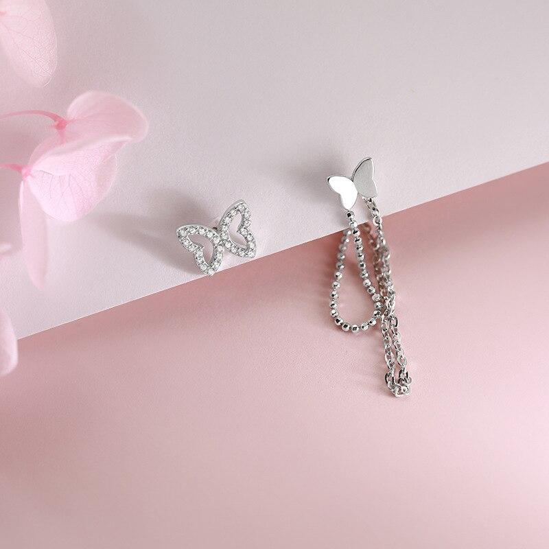 925 Sterling Silver Asymmetry Tassel Crystal Butterfly Stud Earring for Women Party Jewelry Pendientes Accessories Eh1649