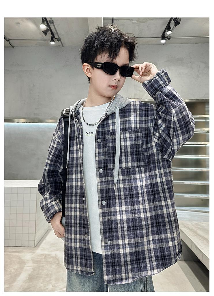 Boys' Spring and Autumn Jacket 2026 New Style CUHK Boys' Spring and Autumn Handsome Children's Checkered Hooded Shirt