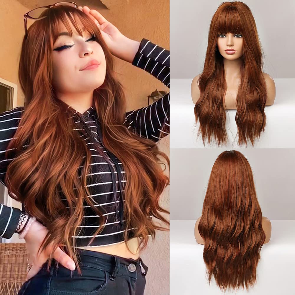 ALAN EATON Long Straight Ombre Black Red Brown Synthetic Wigs for Women Heat Resistant Fiber Natural Looking Wig with Bangs