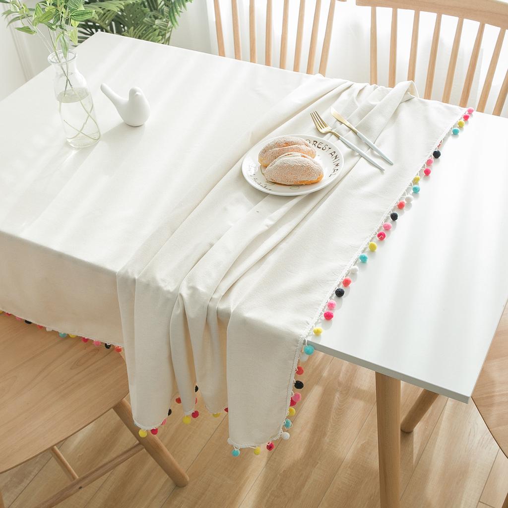 Tablecloth Colored Hairball Natural Plain Cotton and Linen Cover White Tablecloth Dust-proof Coffee Table Cover