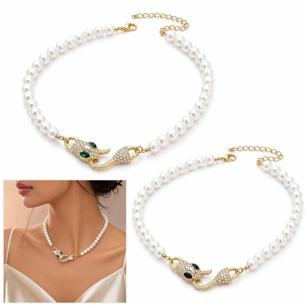 Rhinestone Accent Snake Necklace Pearl Pendant Party Jewelry For Women Men