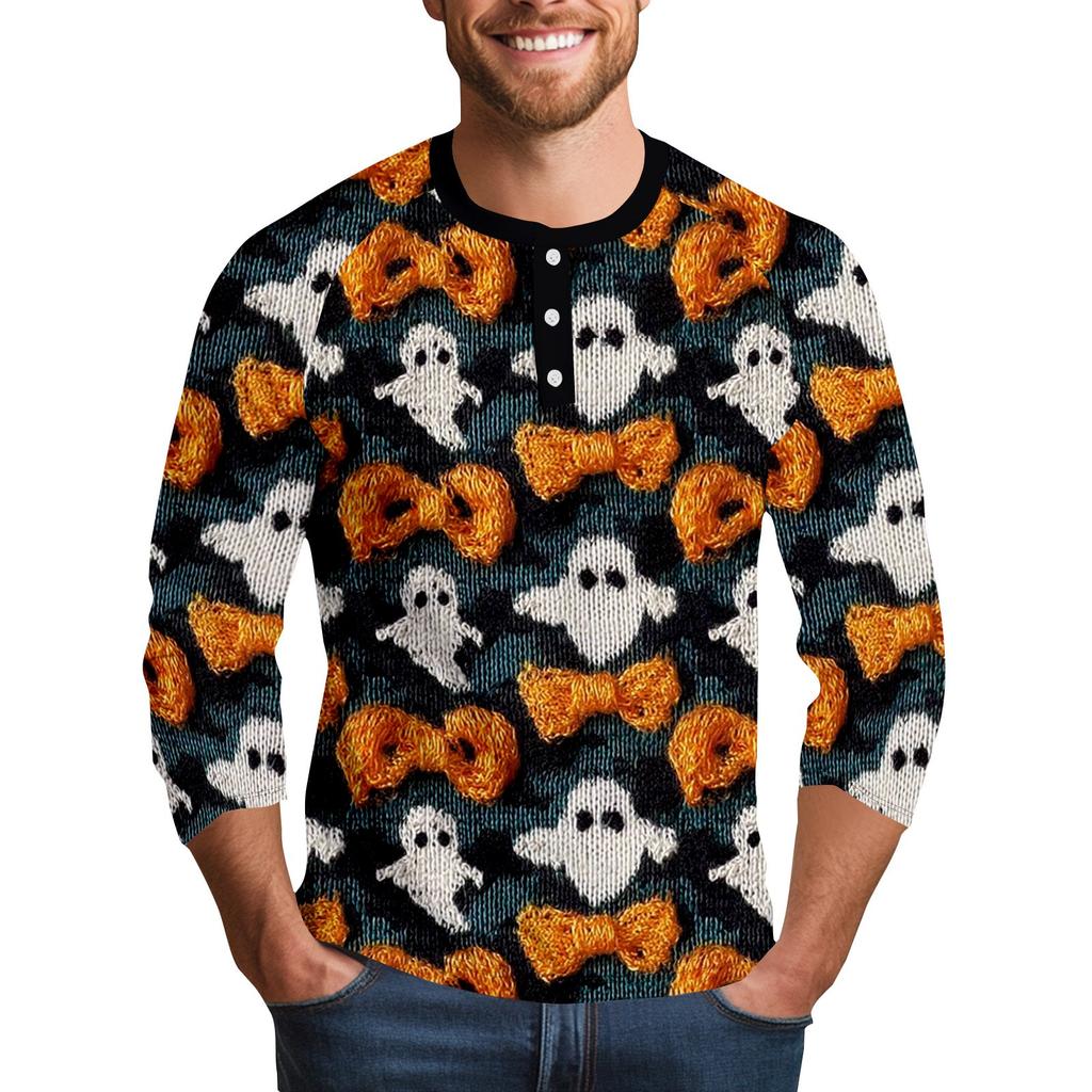 Men's Halloween Printed Collar Three-Quarter Sleeve