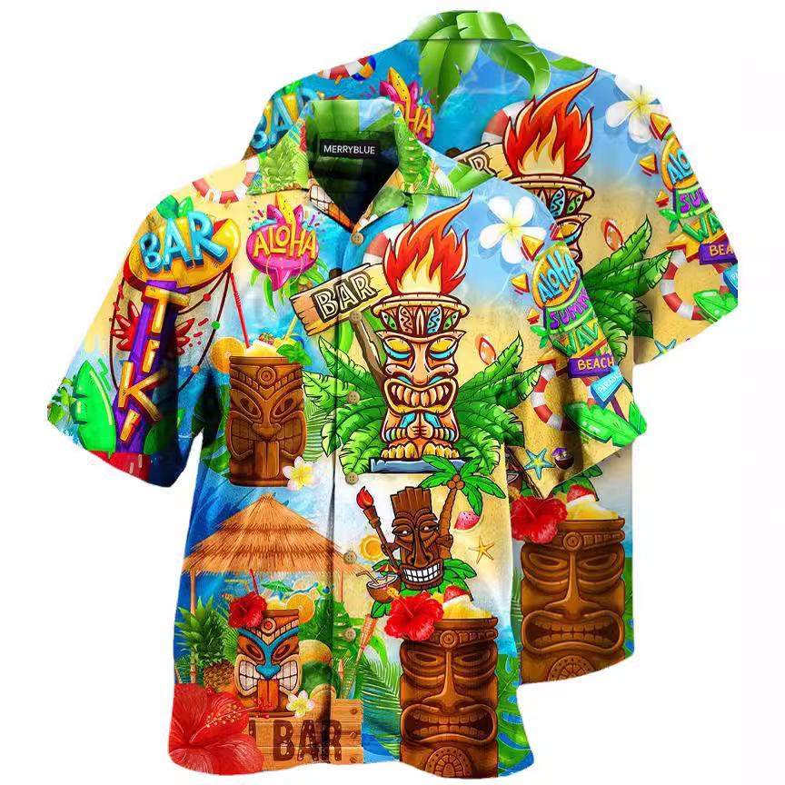 Hawaiian shirt new men's large size 1D printing fashion casual and comfortable Cuban collar button-down cardigan