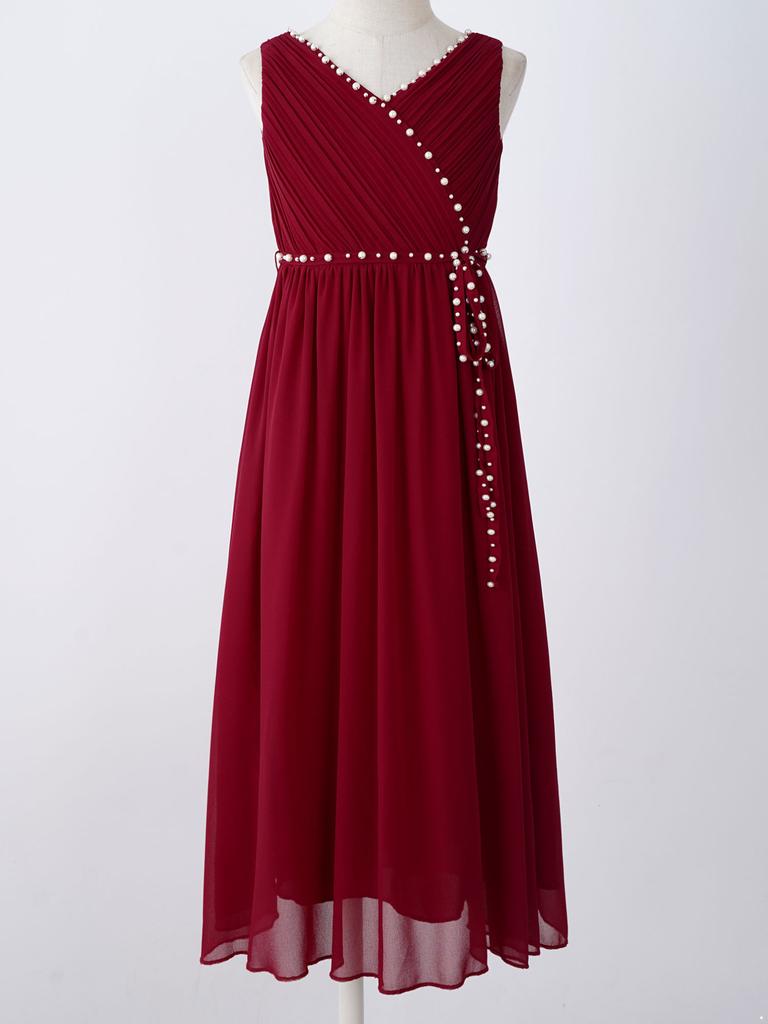 Flower Girls Dress Elegant Beaded Chiffon Party Summer Dress Ruched V Neck Sleeveless Dress for Bridesmaid Wedding