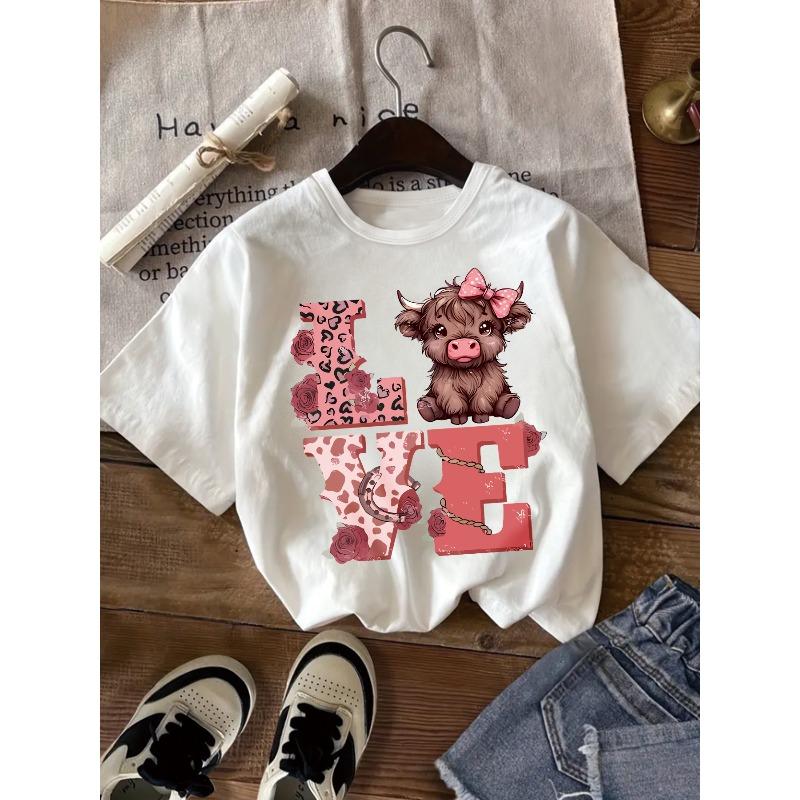 European sizes Cute Leopard Print "LOVE" Highland Cow Print Short-Sleeved T-Shirt for Girls | Soft and Comfortable Crew Neck Top