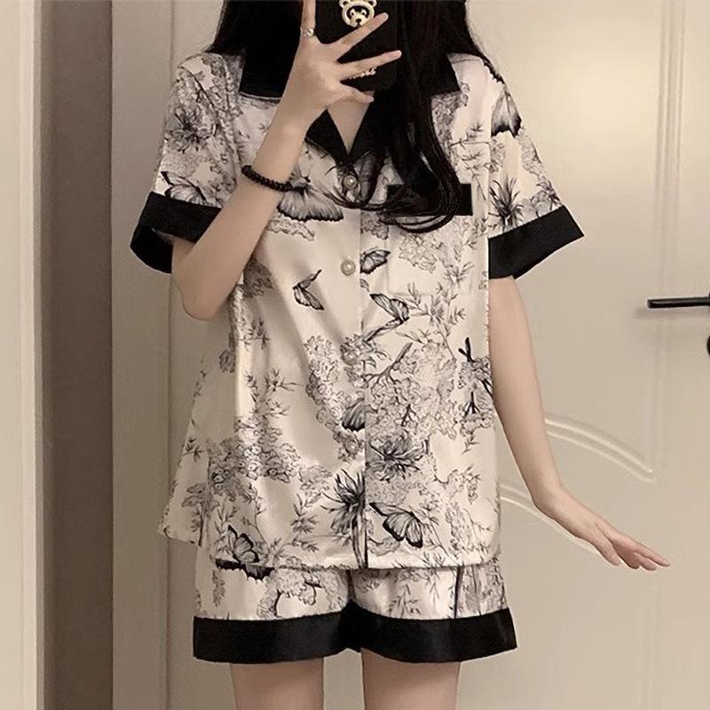 High-Value Ink Painting Butterfly Ice Silk Pajamas Women'S Summer Short-Sleeved Casual Loungewear Set