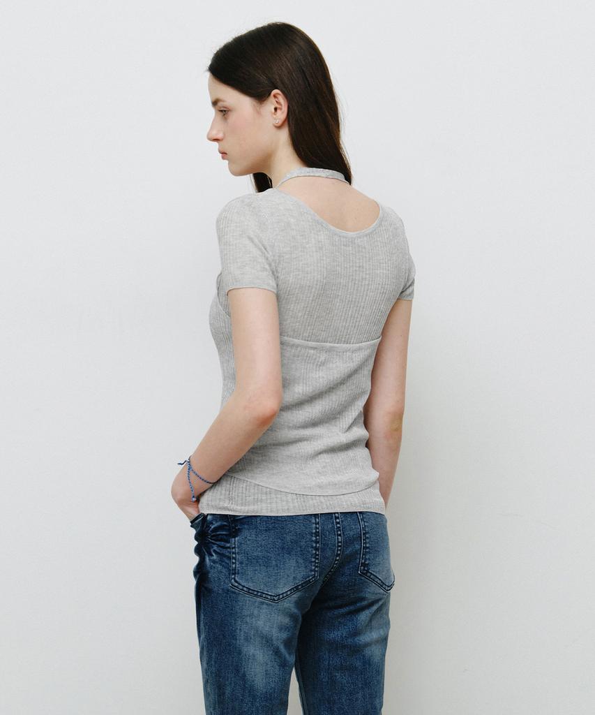 MONGDOL [Set] Ribbed Halterneck Sleeveless & Short Sleeve Knit Gray Mdkt129Gray