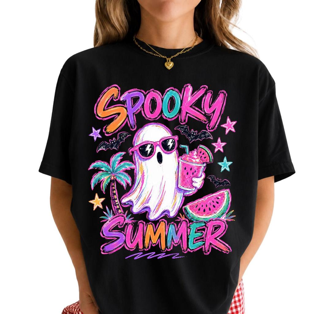 Spooky Summer Shirt, Halloween Beach Ghost Tee, Summer Shirt, Cute Ghost Graphic Tee, Watermelon Vacation T-Shirt, Short Sleeve