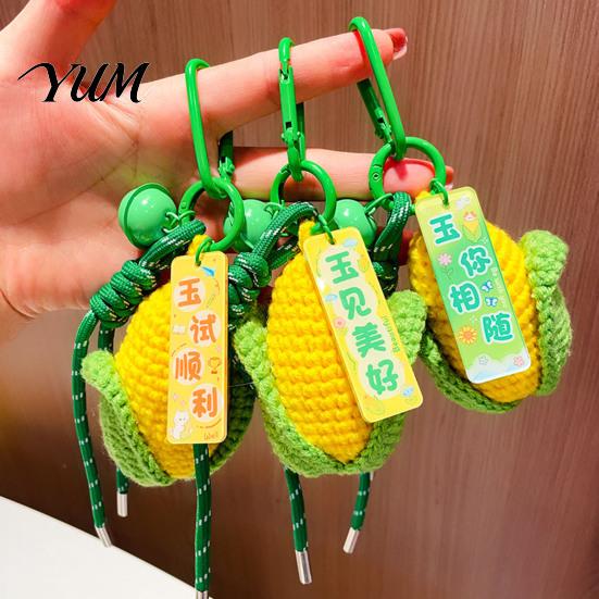 Simulated Corn Key Holder Crocheted Keychain for Backpacks, Handmade Keyring with Bell Soft Pendant & Blessing Tag, Vegetable Bag Charm Backpack