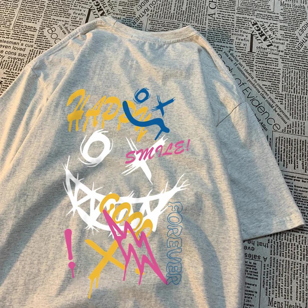 Happy Word Funny Forever Colorful Pattern T Shirt Men Casual Loose Summer Tops Casual Oversize T Shirt Cartoons Pattern Tshirt