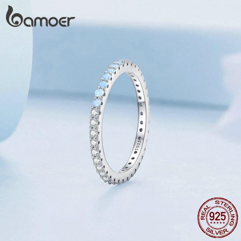 BAMOER 925 Sterling Silver Blue Simple Finger Ring Stackable Eternity Bands for Women Gift Platinum Plated Fine Jewelry