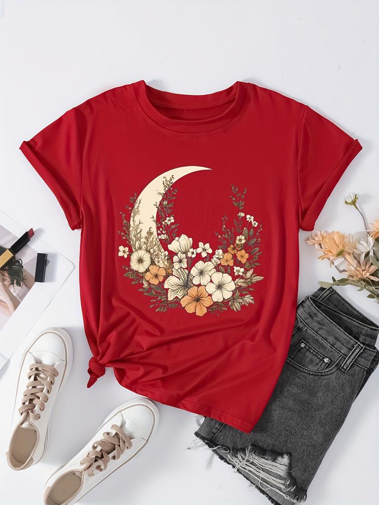 Футболка большого размера, женская, с цветочным принтом и лунным принтом, с коротким рукавом, круглым вырезом, слегка эластичный топ