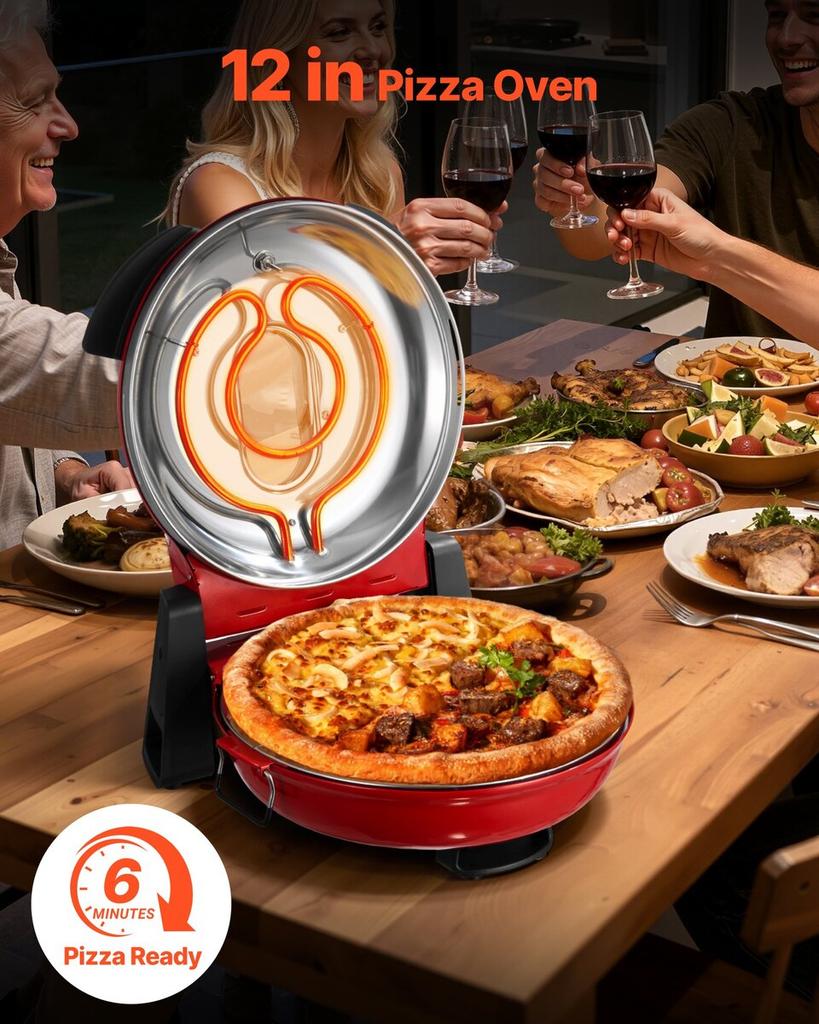 Pizza Oven, 304.8 mm Electric Pizza Maker, 1200W Electric Pizzas Cooker with Cordierite Stone, 5-Mode Temperature Control, Viewing Window for Precise