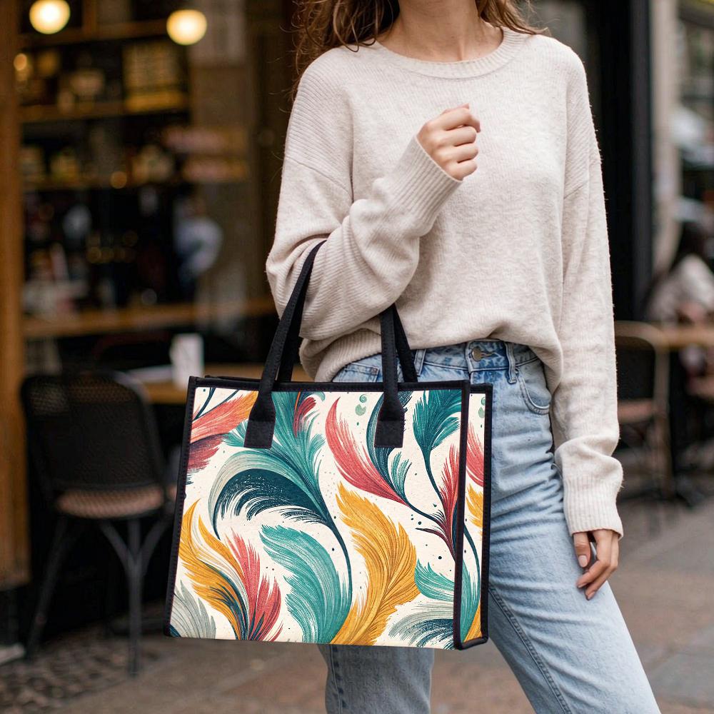 Fashion Colorful Feather Pattern Tote Bag Casual Daily Large Capacity Portable Handbag For Women Outdoor Shopping Travel Use