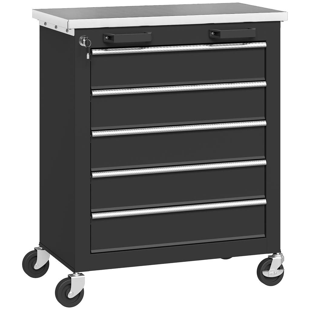 Tool Cabinet with 5 Drawers, Rolling Tool Chest, Tool Cart Made of Steel, Silver Tone+Black