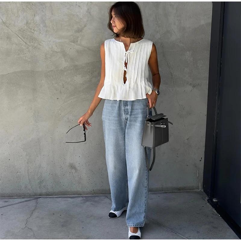 Белый жилет из хлопка и льна, плиссированный короткий топ со шнуровкой, женский, с круглым вырезом, без рукавов, с оборками, топы для отпуска и пляжа, лето