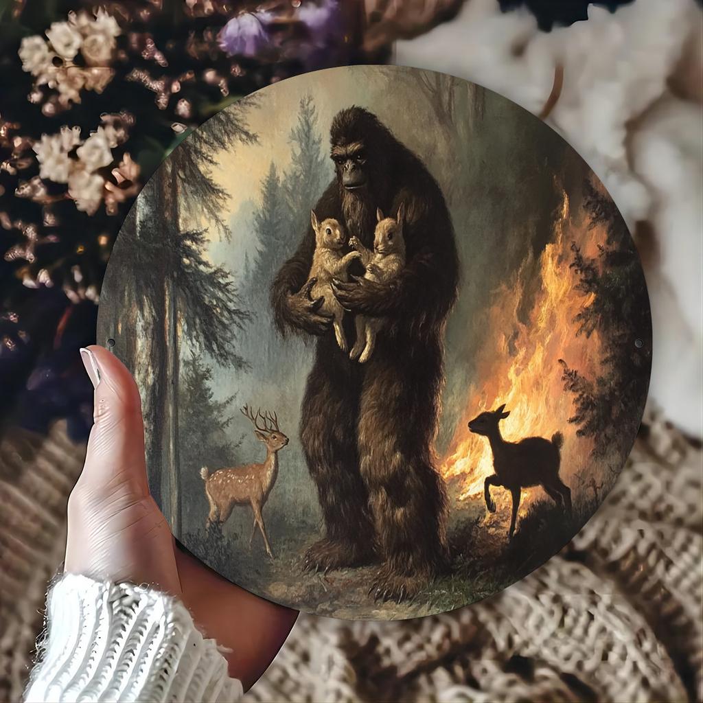Bigfoot Protecting Forest Animals Campfire Round Metal Sign D Flat Printed Vintage Oil Painting Style Art Tin Plaque Whimsica