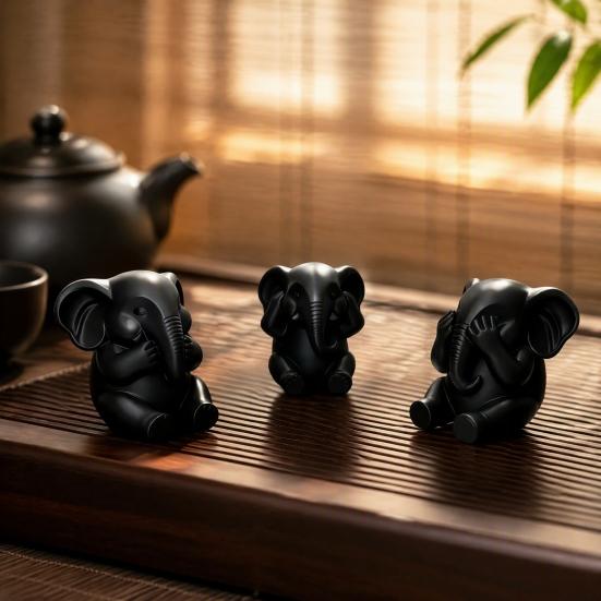 Матовые Черные Статуэтки Слонов 3 шт. Фигурки Слонов, 3D Печать Не Вижу Не Слышу Не Говорю Современные Настольные Украшения Статуи, Минималистичные для Офиса Спальни