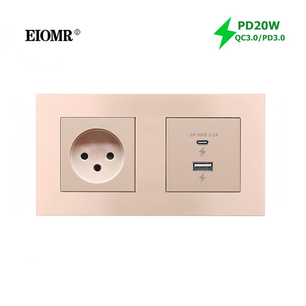 EIOMR Израиль Комбинация розетки и выключателя, Золотая огнестойкая панель, Розетка питания, Порт зарядки Type-C PD 20 Вт для дома и офиса в Израиле