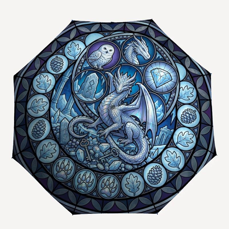 Winter Dragon Mandala pattern umbrella, portable and foldable design, 8 ribs, a casual accessory for Halloween, Christmas, and birthday gifts.