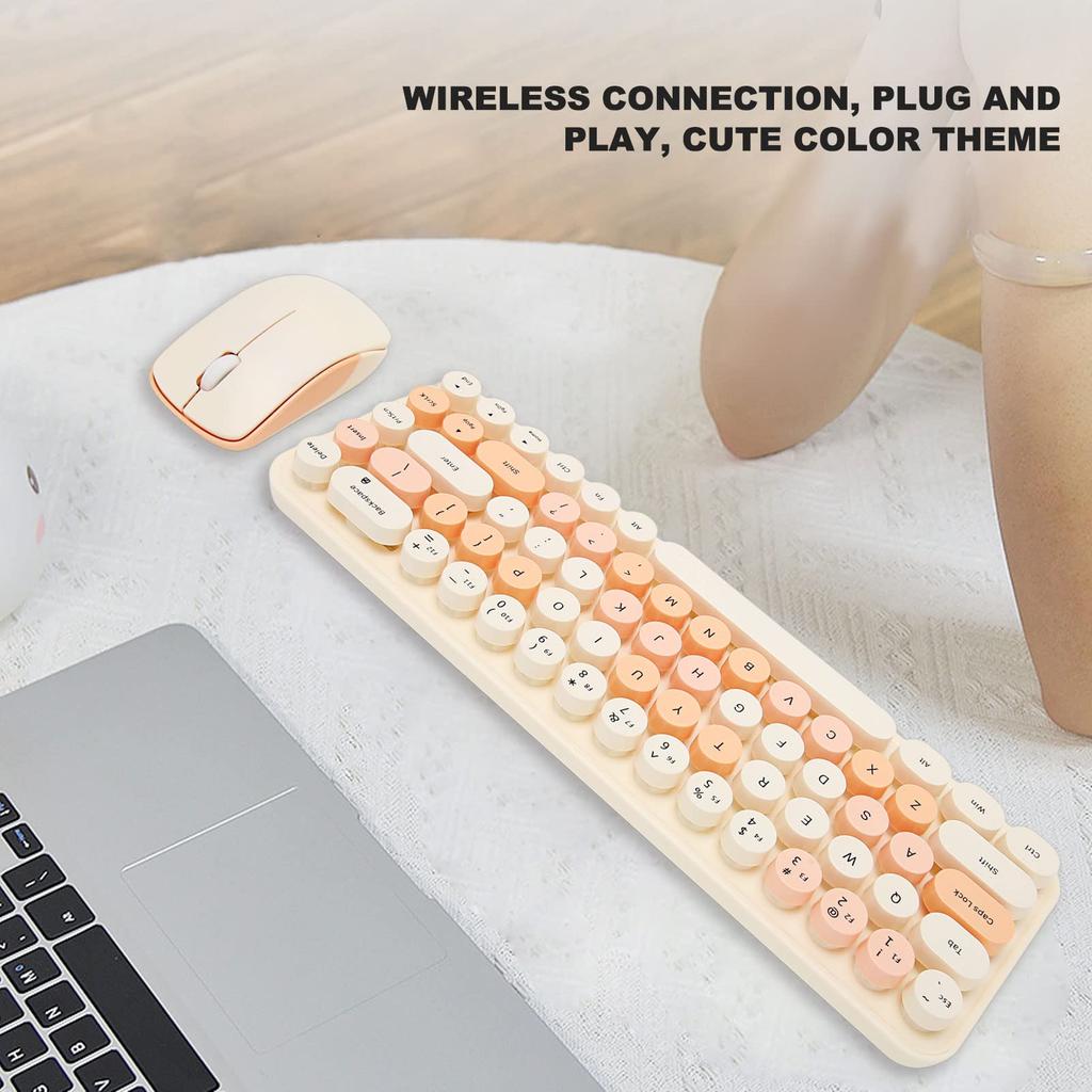 Wireless Keyboard and Mouse 68 Keys Cute Retro Round Keycap Typewriter Keyboard with Wireless Mouse 3 Computer Keyboard and Mouse Set for Home Office