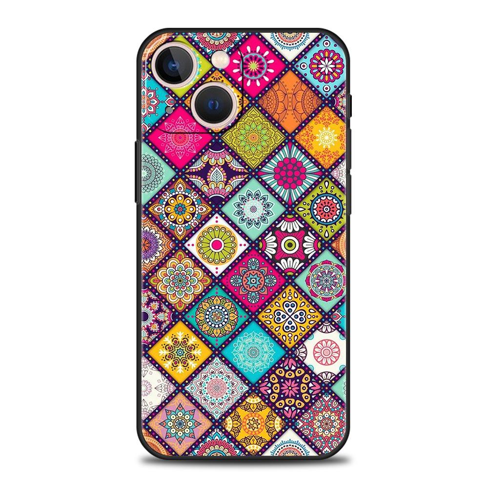 Цветочный тотем мандалы Роскошный чехол для телефона Для iPhone 13 15 14 12 11 Pro MAX XR X SE XS 7 8 Plus Силиконовый Черный Защитный чехол