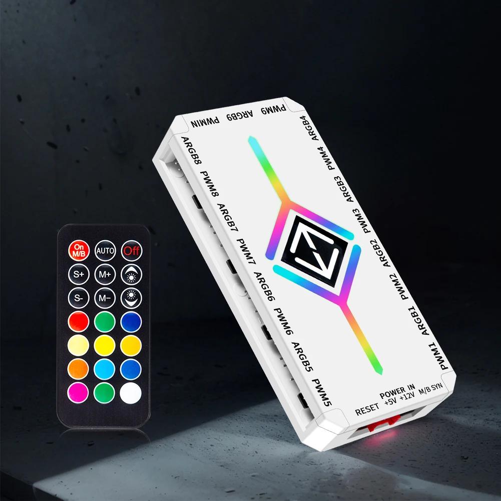 Многопортовый разветвитель-хаб для PWM магнитных ARGB вентиляторов 3-в-1 для ПК с пультом дистанционного управления, поддерживает 9 вентиляторов и настраиваемую подсветку