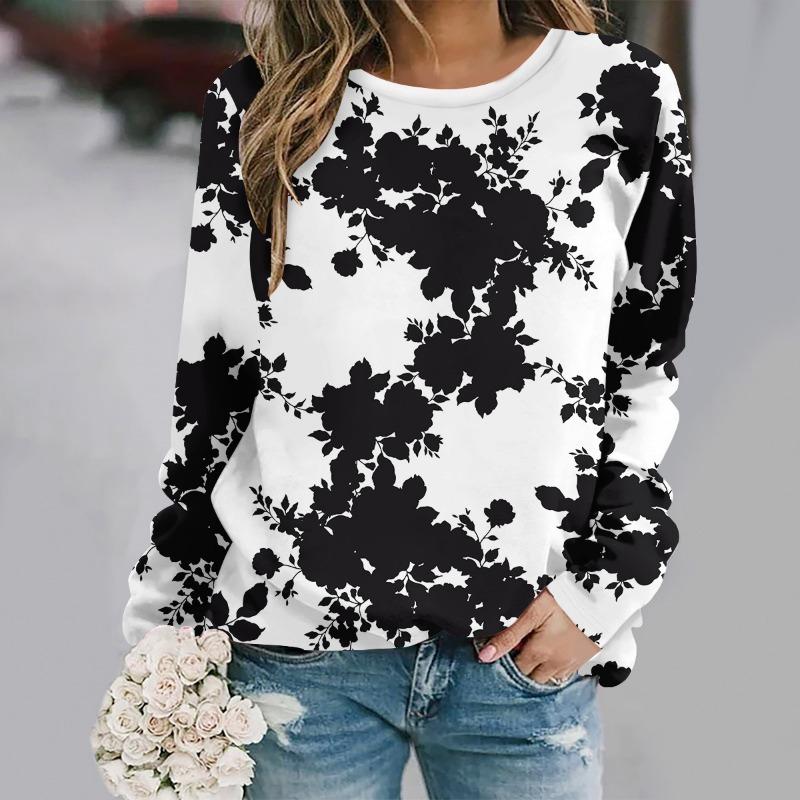 Fashion Floral 3D Print Crew Neck Long Sleeve T-Shirt Casual Women Clothing Y2k Clothes Harajuku Female Clothing Plus Size Tops