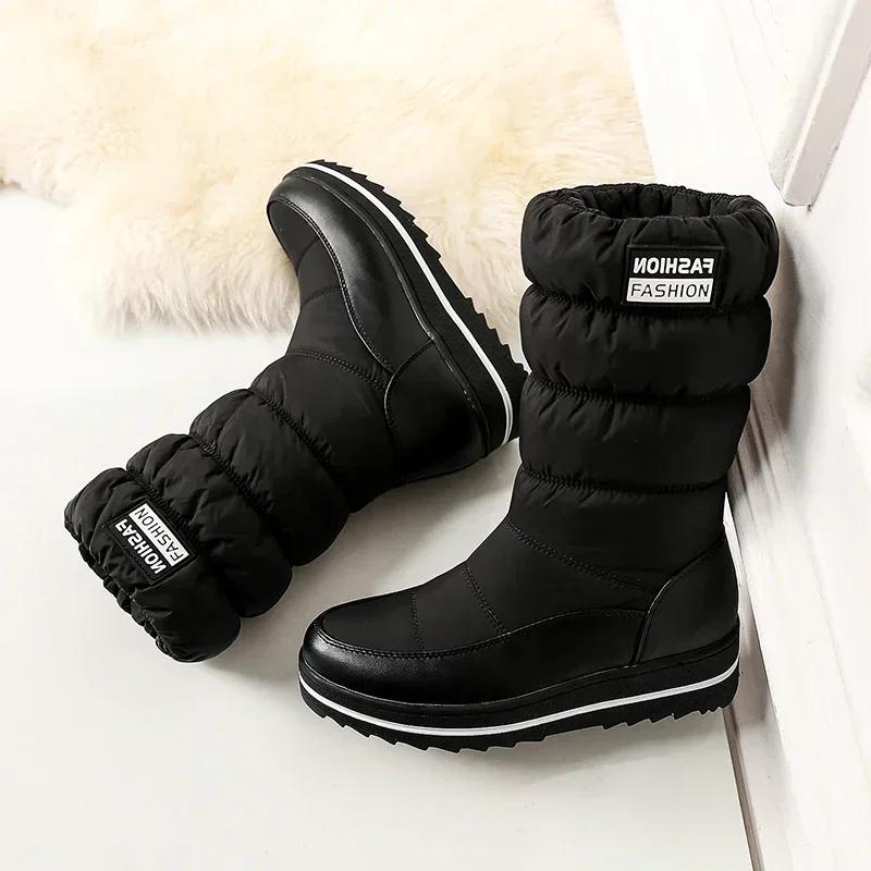 Зимние полусапоги до середины икры больших размеров для женщин, теплые плюшевые синие красные уличные водонепроницаемые на танкетке платформе эластичные слипоны