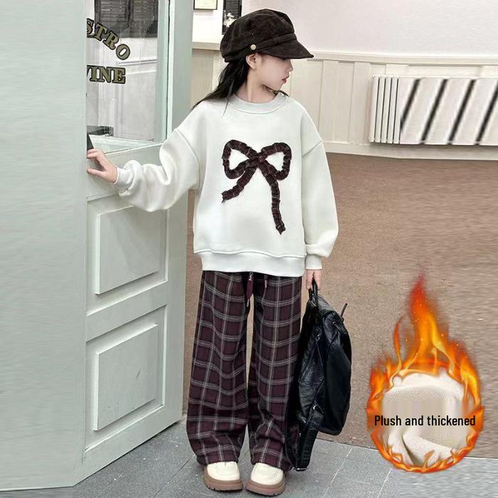 Модный клетчатый брючный костюм для девочек и толстовка с бантом - Осень/Зима 2025