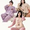 Cute Aesthetic Flannel Sleepwear Women Pajama Sets Cartoon Print Winter Warm Loungewear Velvet Long Sleeve Tops Pants Two Pieces
