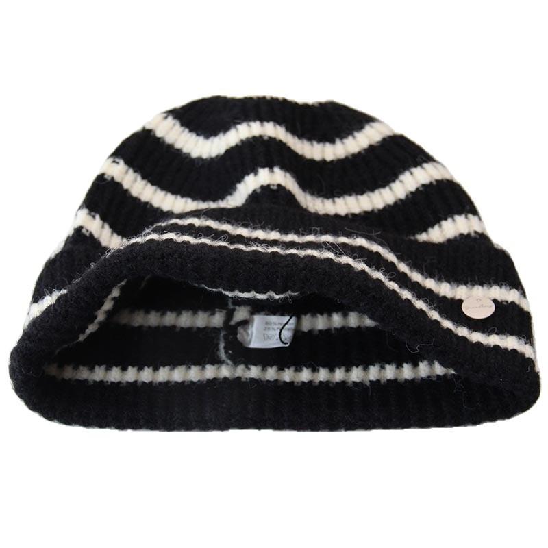 Autumn and winter striped knitted hat women's warm wool hat retro flanged ear protectors stacked hat showing face small winter hat