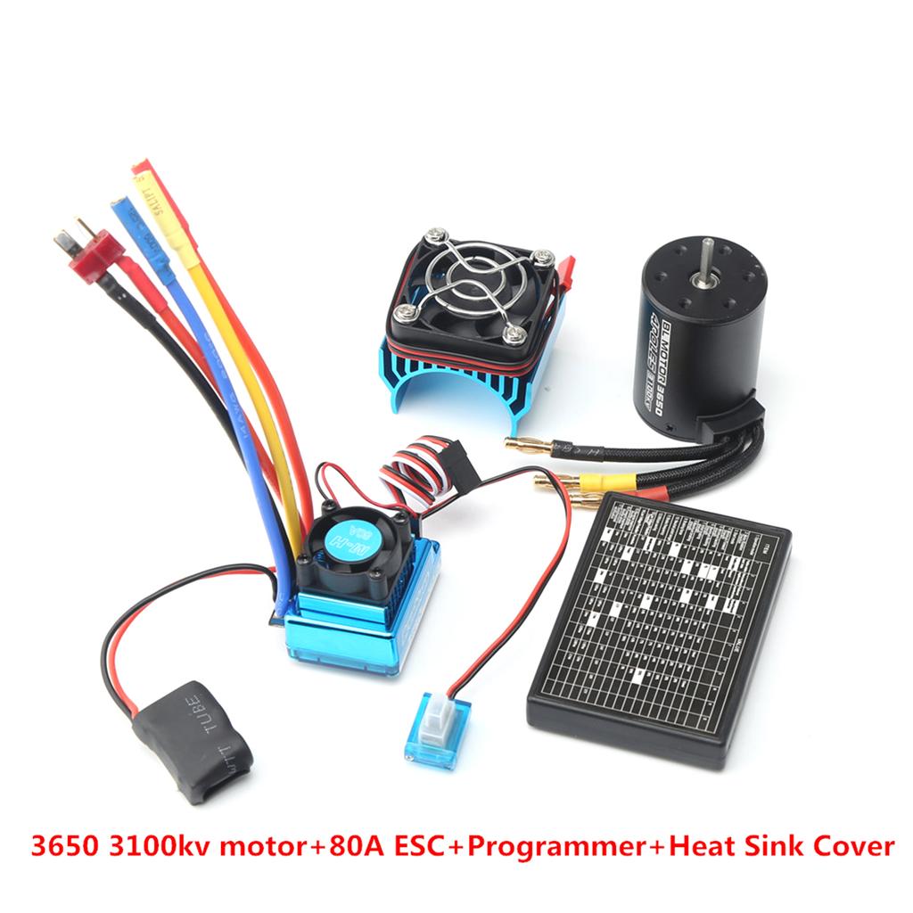 3650 Brushless Motor 3100KV with 80A Brushless ESC Heat Sink Programming Card for 1/8 1/10 RC Car