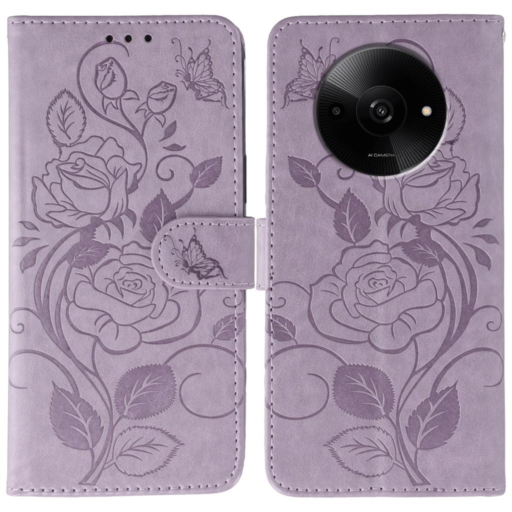 For Xiaomi Poco C61 4G/Redmi A3 4G Case Wallet Stand Imprinted Rose Butterfly PU Leather Phone Cover