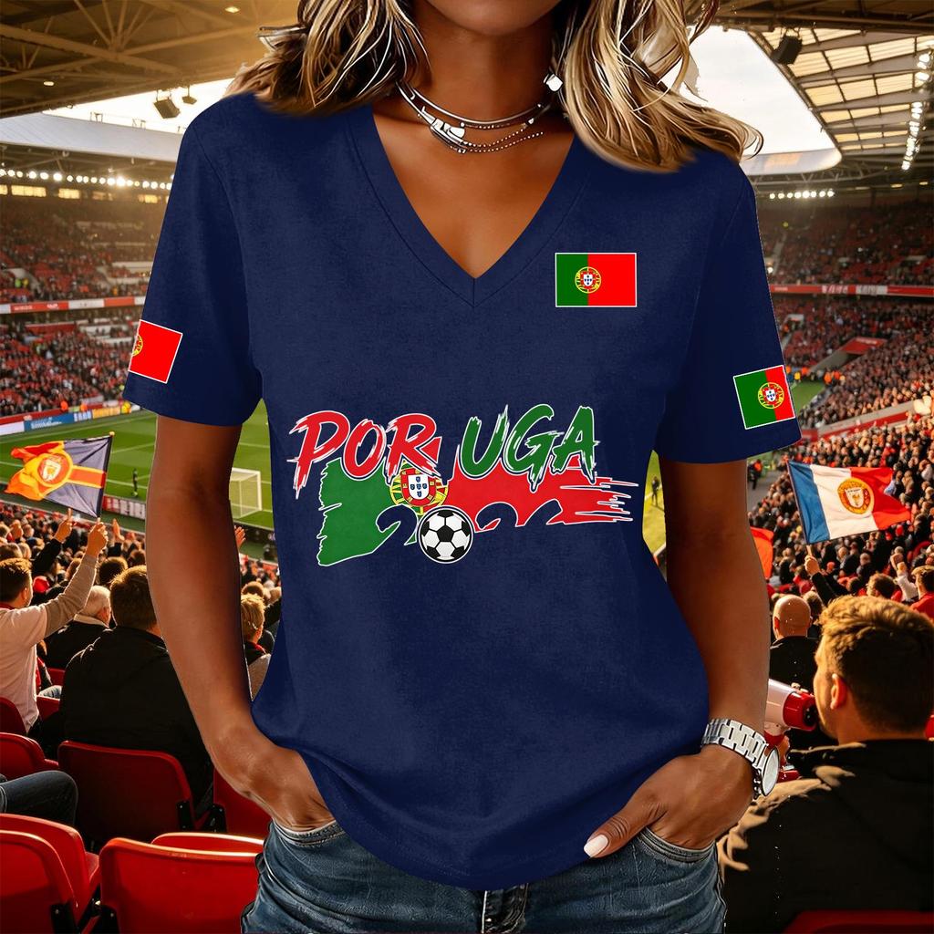 Women V Neck Pullover T Shirt Short Sleeve Casual Soccer Flag Print Top Supporter Jersey Tee for Game Day Wear