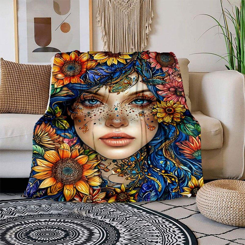 "Bohemian Floral Fantasy Women's Dress"Blanket Flannel Throw Blanket for Sofa, Bed, Travel, Camping, Office, Couch, Chair, And Bed Gift for