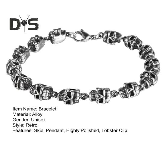 Браслет унисекс с подвеской в виде черепа в винтажном стиле панк-стиль, зажим-лобстер, сплав, полированный, готический, наручные украшения, браслет для вечеринок на Хэллоуин и косплея