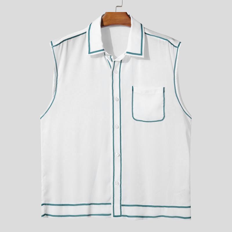 INCERUN Мужские топы без рукавов с лацканами, на пуговицах, с отделкой, полупрозрачные, повседневные