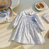 Spring Girls Butterfly Print Long Sleeve Dress Peter Pan Collar Shirred Elegant Kids Clothing