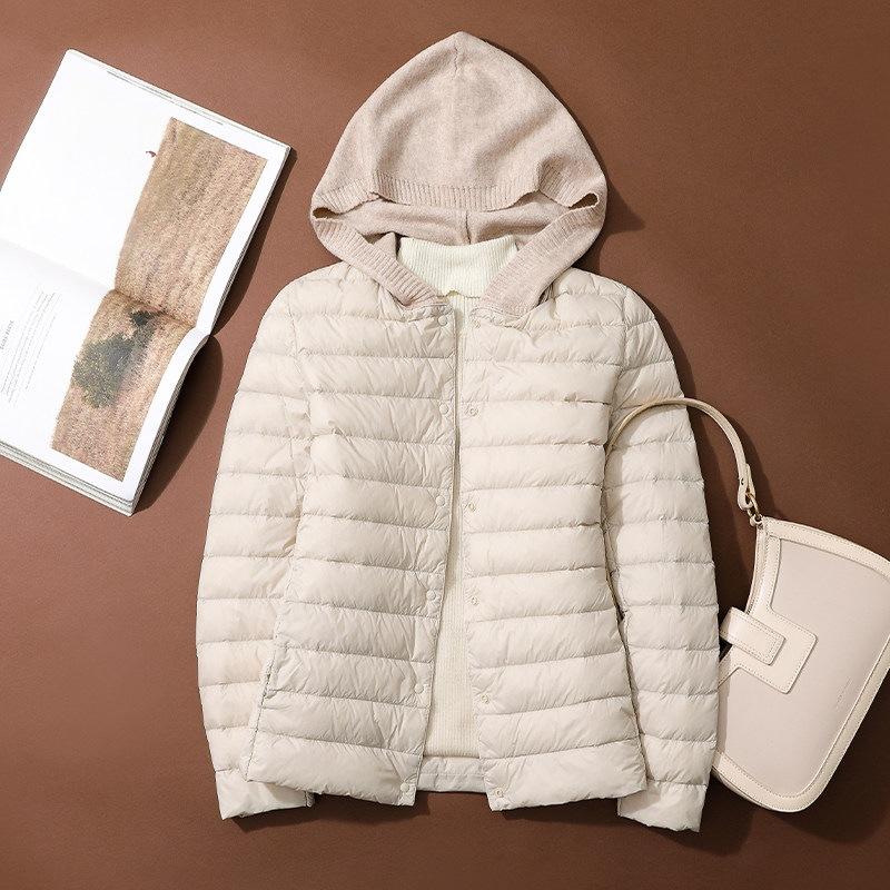 Light and thin hooded down jacket women's short white duck down with coat, light and fashionable, slim, collarless liner