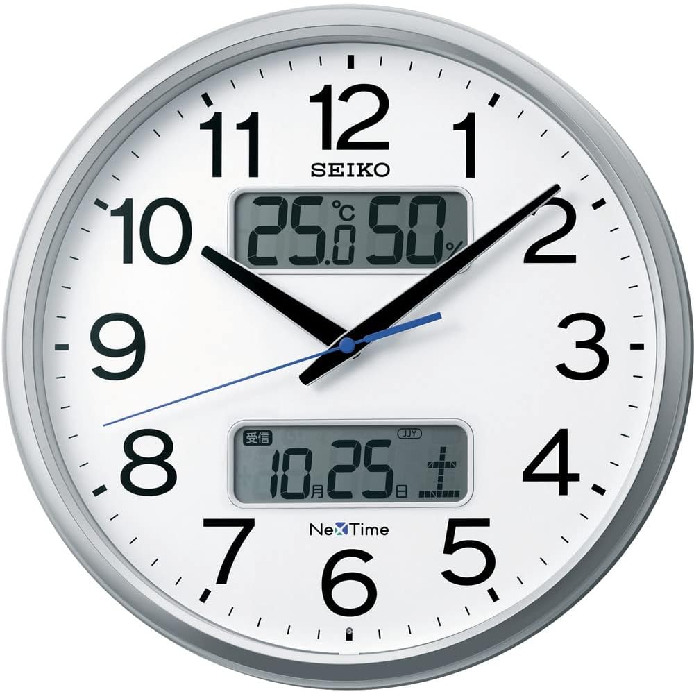 Seiko Clock Wall Clock, Office Type, Radio Controlled, Analog, Calendar, Temperature, Humidity Display, Seiko Nextime, 04: Silver Metallic, 01: 35cm D