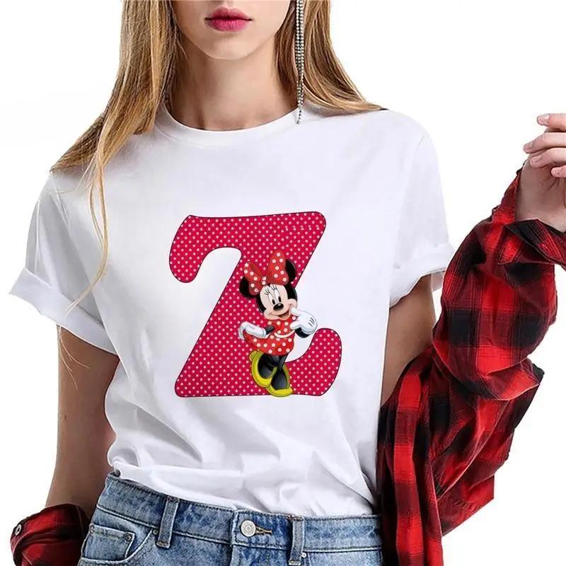 Kawaii Ladies Tees Disney Cartoon Mickey Mouse Letter Minnie T-shirt White Short-sleeved Women 90S Tops Summer Loose Blouse