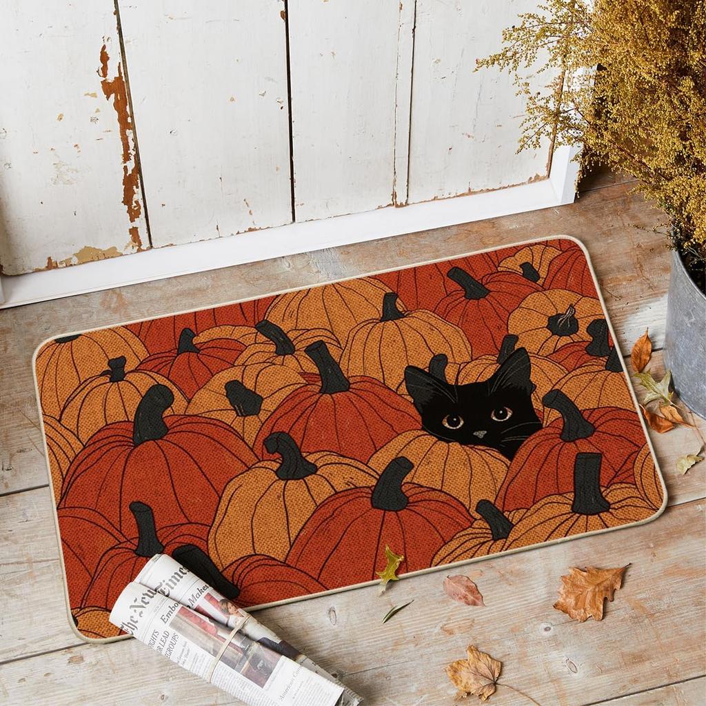 Black Cat Pumpkin Autumn Doormat, Autumn Home Decor Doormat, Entryway Rug, Floor Mat Home Decor