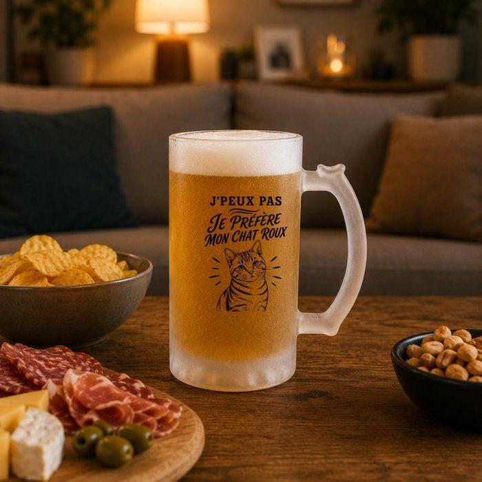 Chope de bière - PLANETEE - J'peux pas minimaliste - Verre trempé givré 470 ml - Motif Chat roux - Imprimée en Bretagne