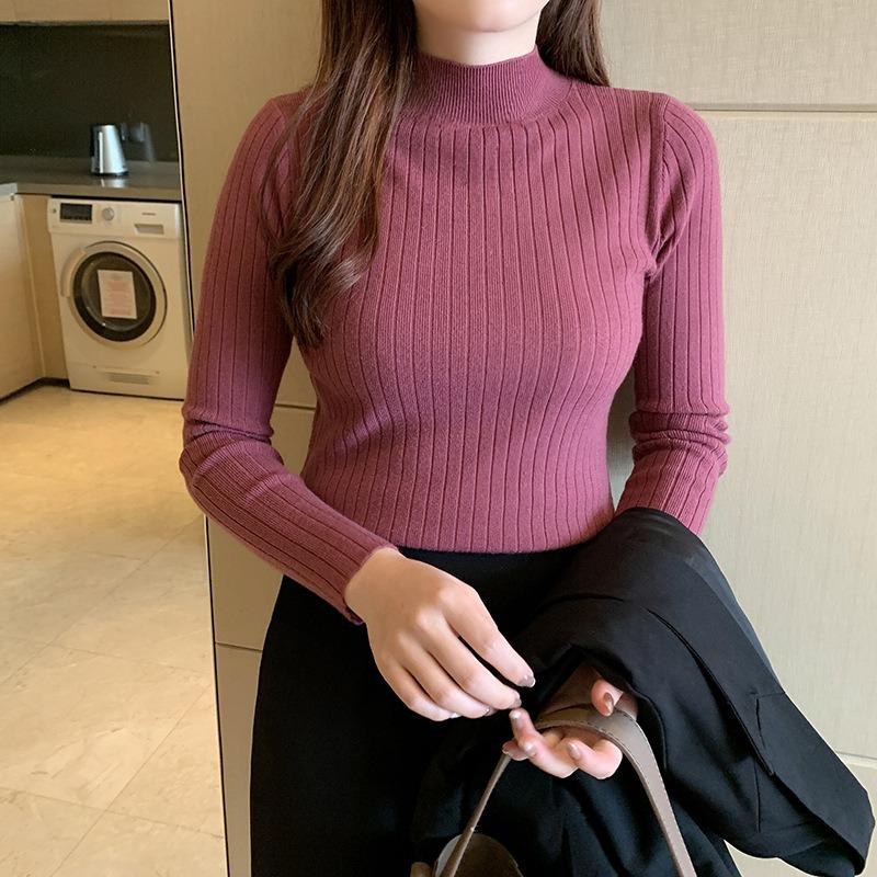 Women Autumn Winter Half High Collar Ribbed Knitted Sweater Solid Color Long Sleeve Slim-fit Pullovers
