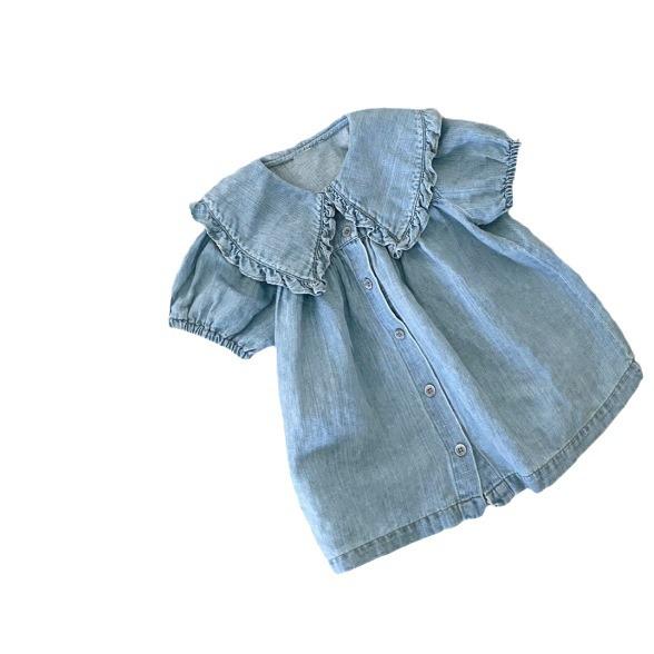 Корейское джинсовое платье для девочек на весну/лето с кружевными лацканами и рукавами-фонариками