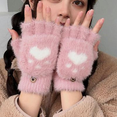 Новые кавайные женские теплые кошачьи перчатки, модные плюшевые варежки с кошачьими когтями для девочек, мягкие плюшевые короткие зимние перчатки без пальцев с половиной пальца