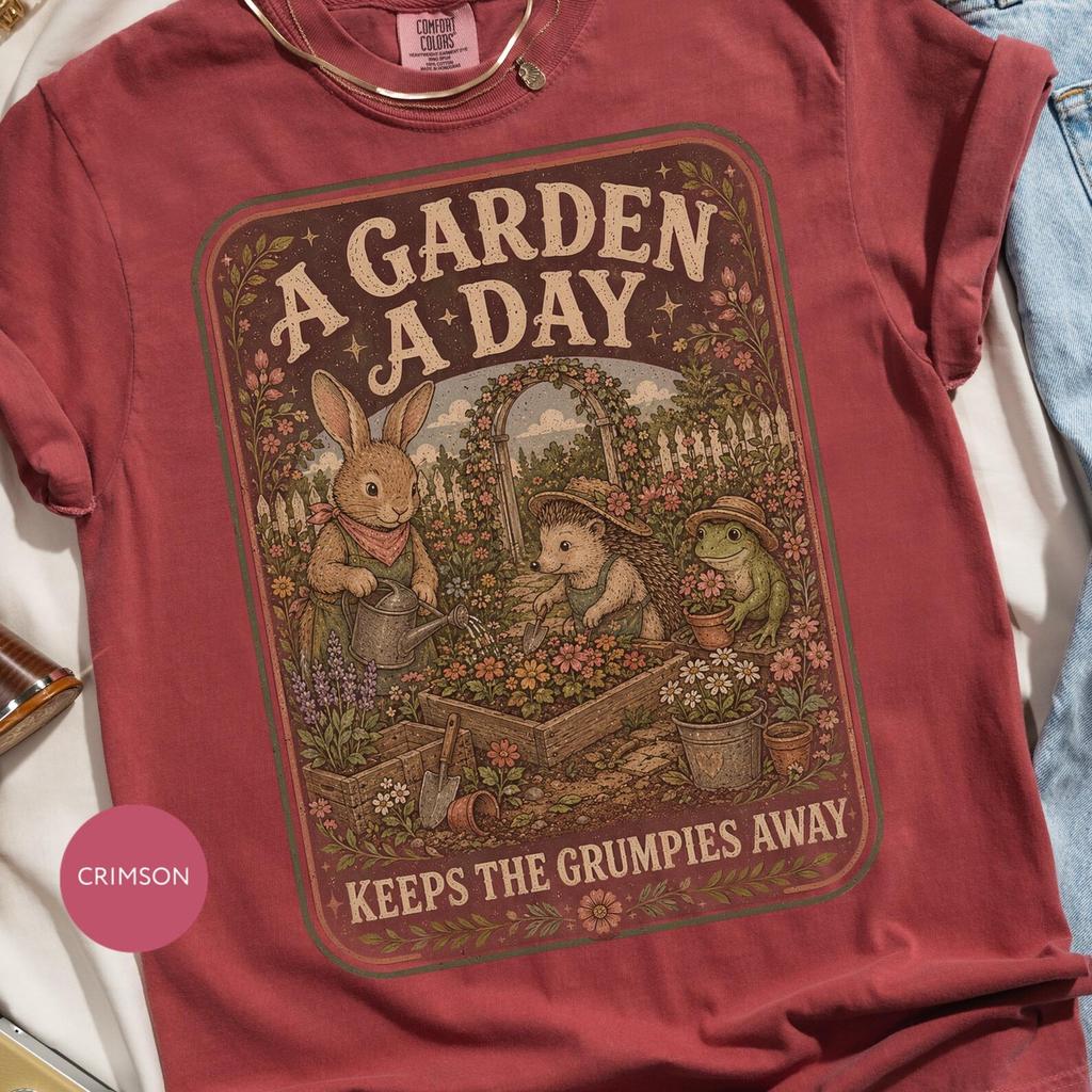 Garden Grumpies Away Cottagecore T Shirt Woodland Animal Tee, Frog Bunny Hedgehog Art (Unisex S-XXL, Cotton Blend)